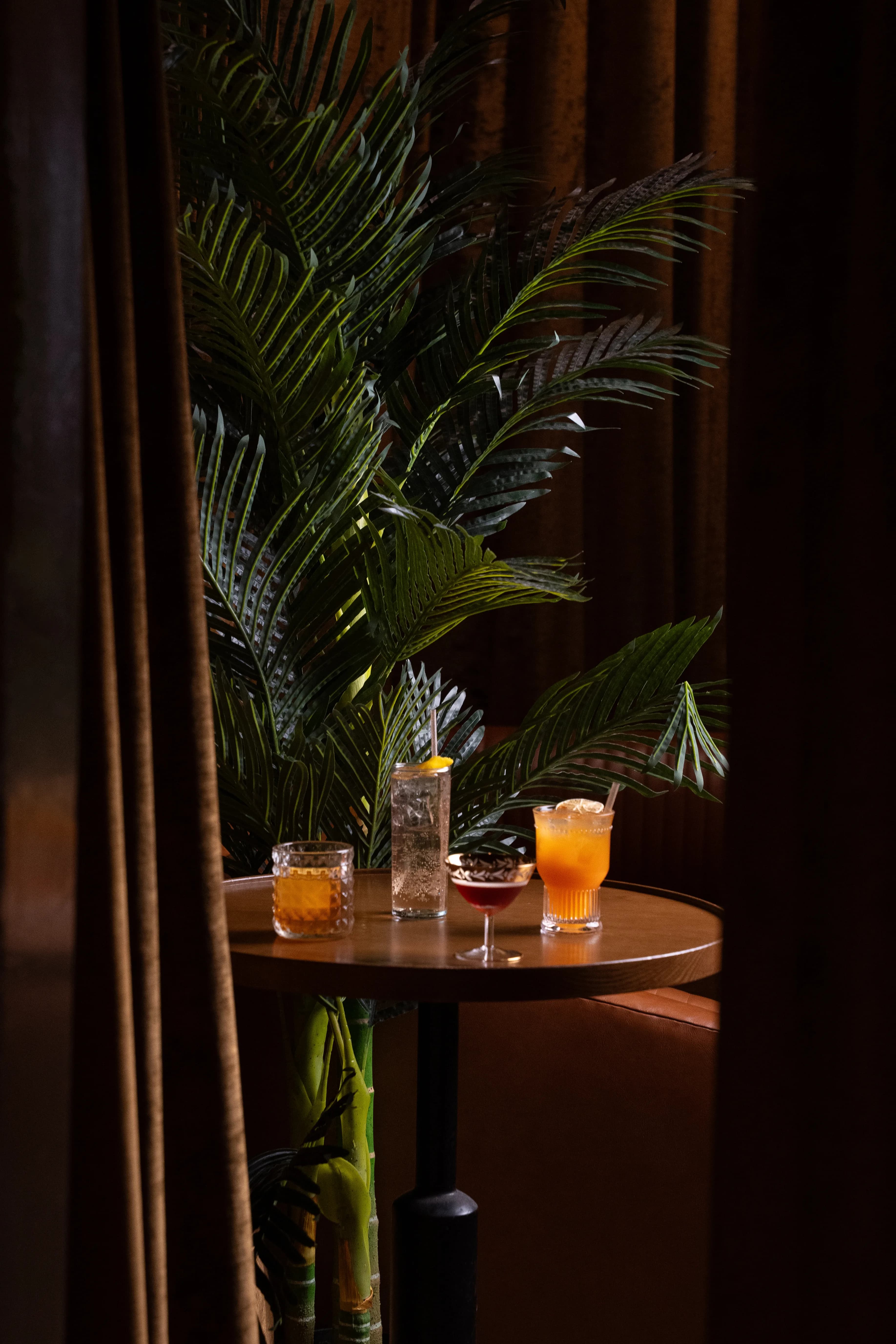 Four cocktails on a small round table beside a tall palm and warm curtains in the dim lounge at Dante's HiFi+.