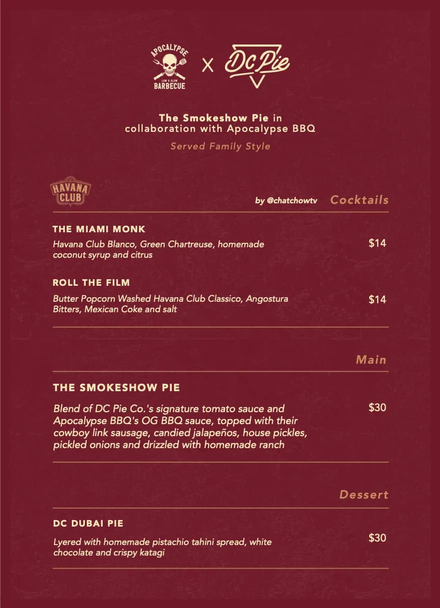 A designed menu card for DC Pie Co.'s 'Smokeshow Pie' collaboration with Apocalypse BBQ, listing signature cocktails and the collaboration pie.