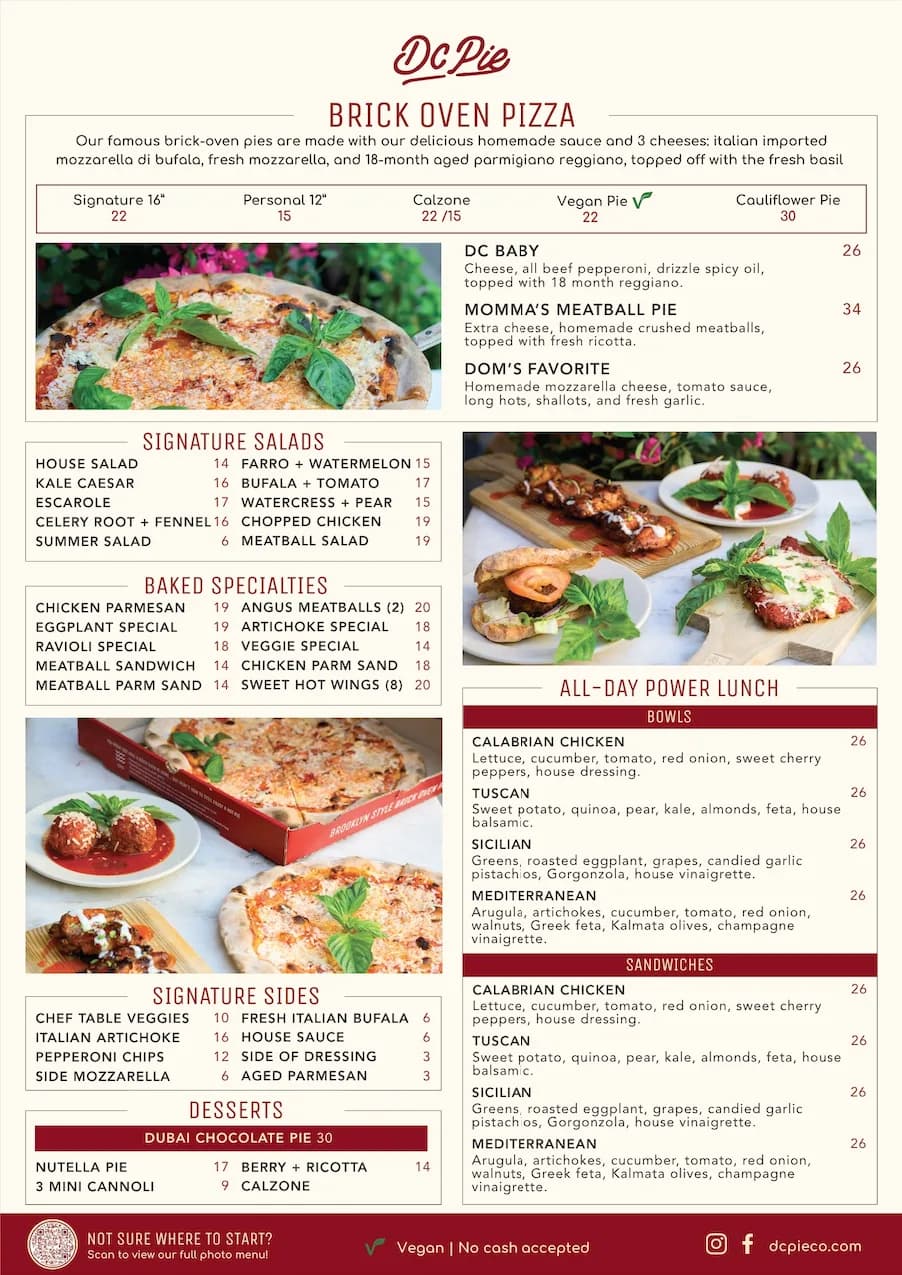 A designed DC Pie Co. 'Brick Oven Pizza' menu — signature salads, baked specialties, pizzas, sides, and desserts.