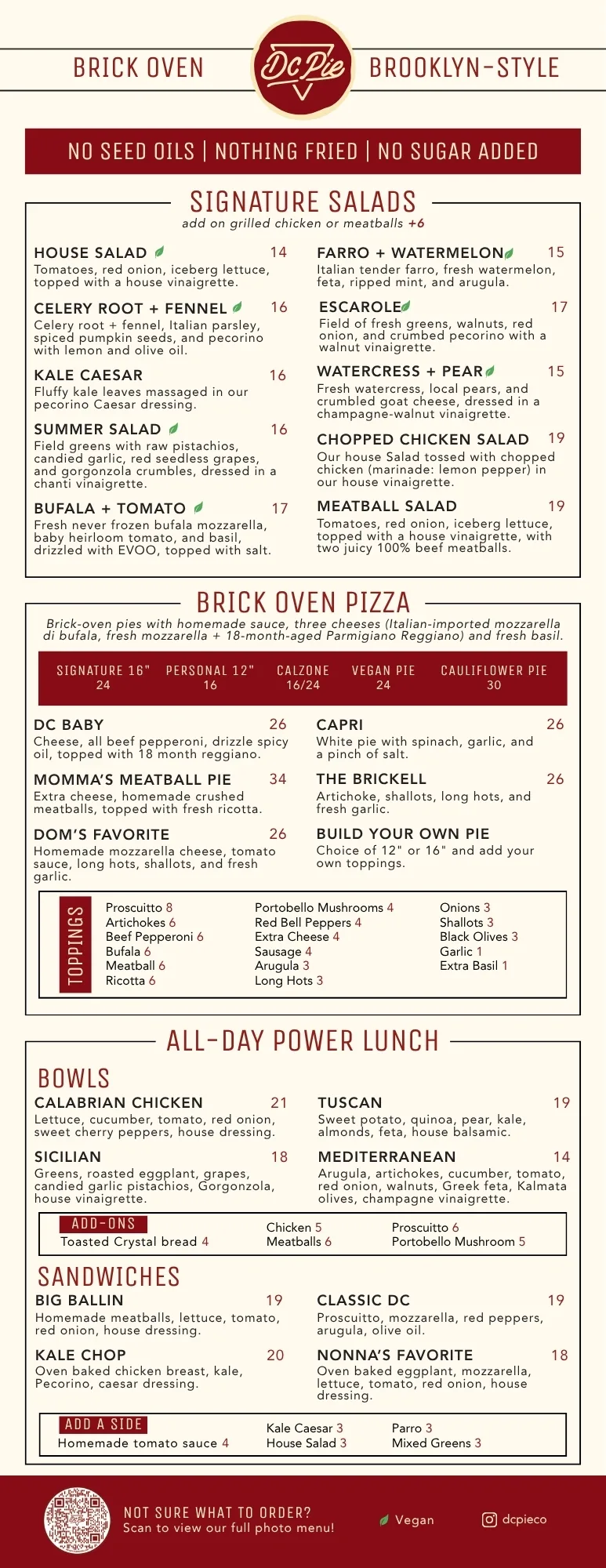 The first page of DC Pie Co.'s full brick-oven, Brooklyn-style menu — signature salads, brick-oven pizzas, bowls, and sandwiches.