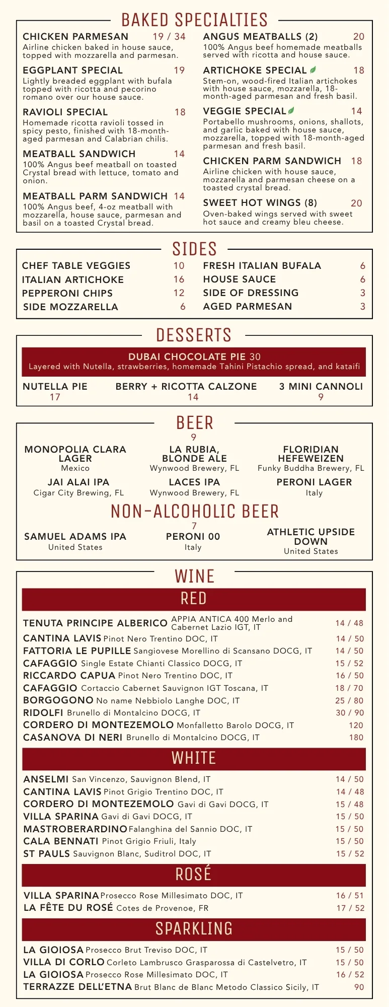 The second page of DC Pie Co.'s full menu — baked specialties, sides, desserts, beer, and an extensive wine list.