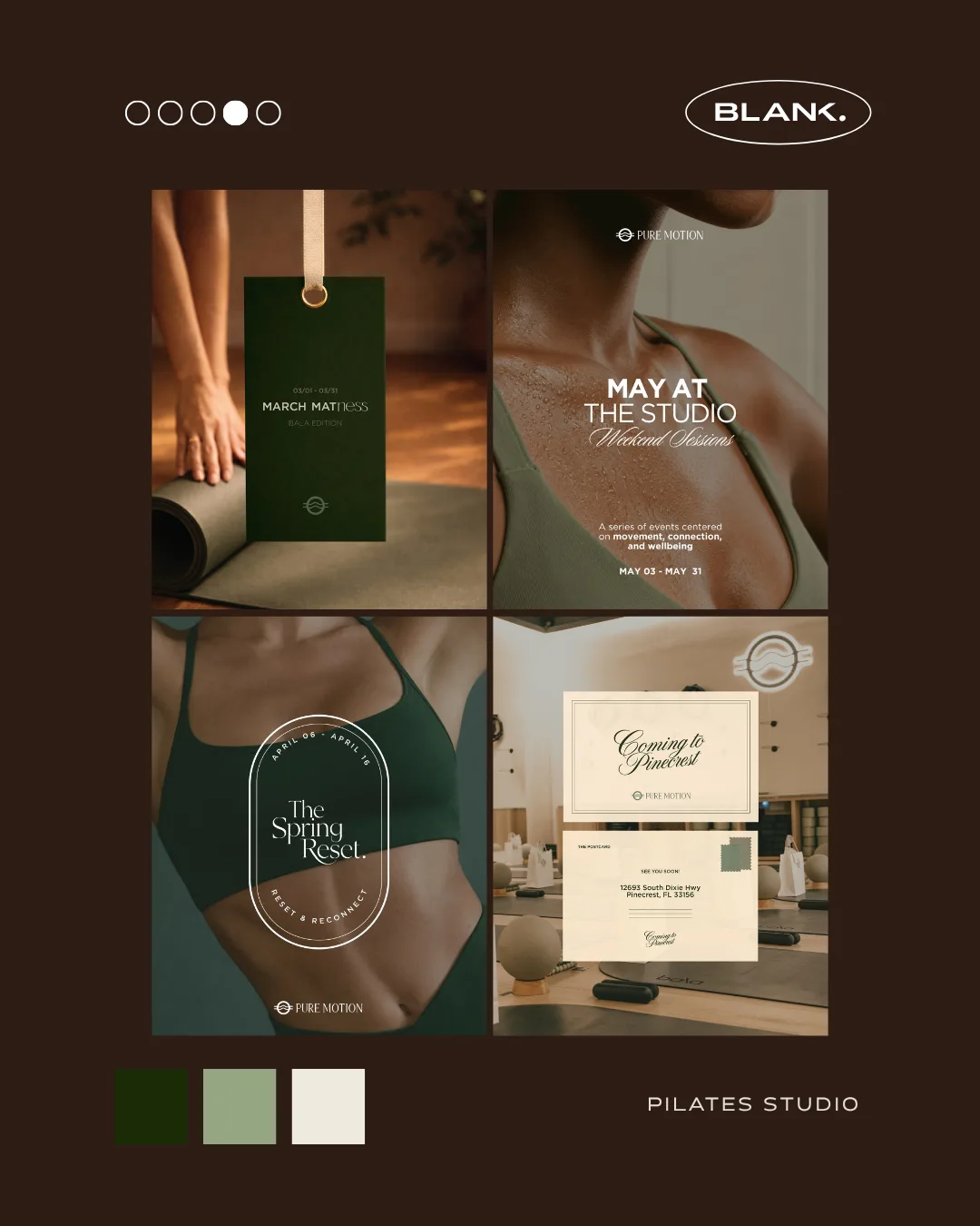 A Pure Motion social-post template system laid out in the studio's green-and-brown palette.