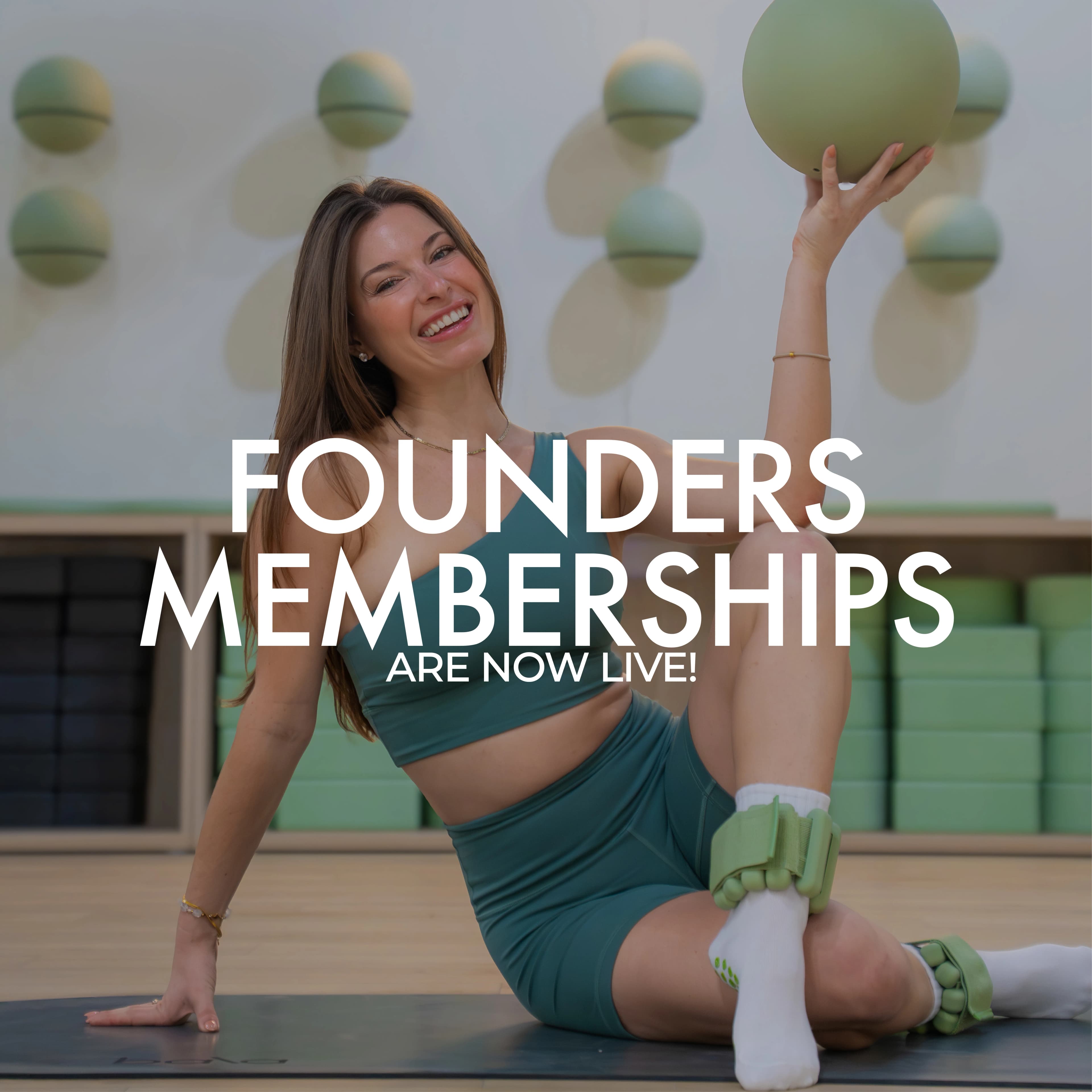 A Pure Motion 'Founders Memberships Are Now Live' graphic over a woman holding a pilates ball.