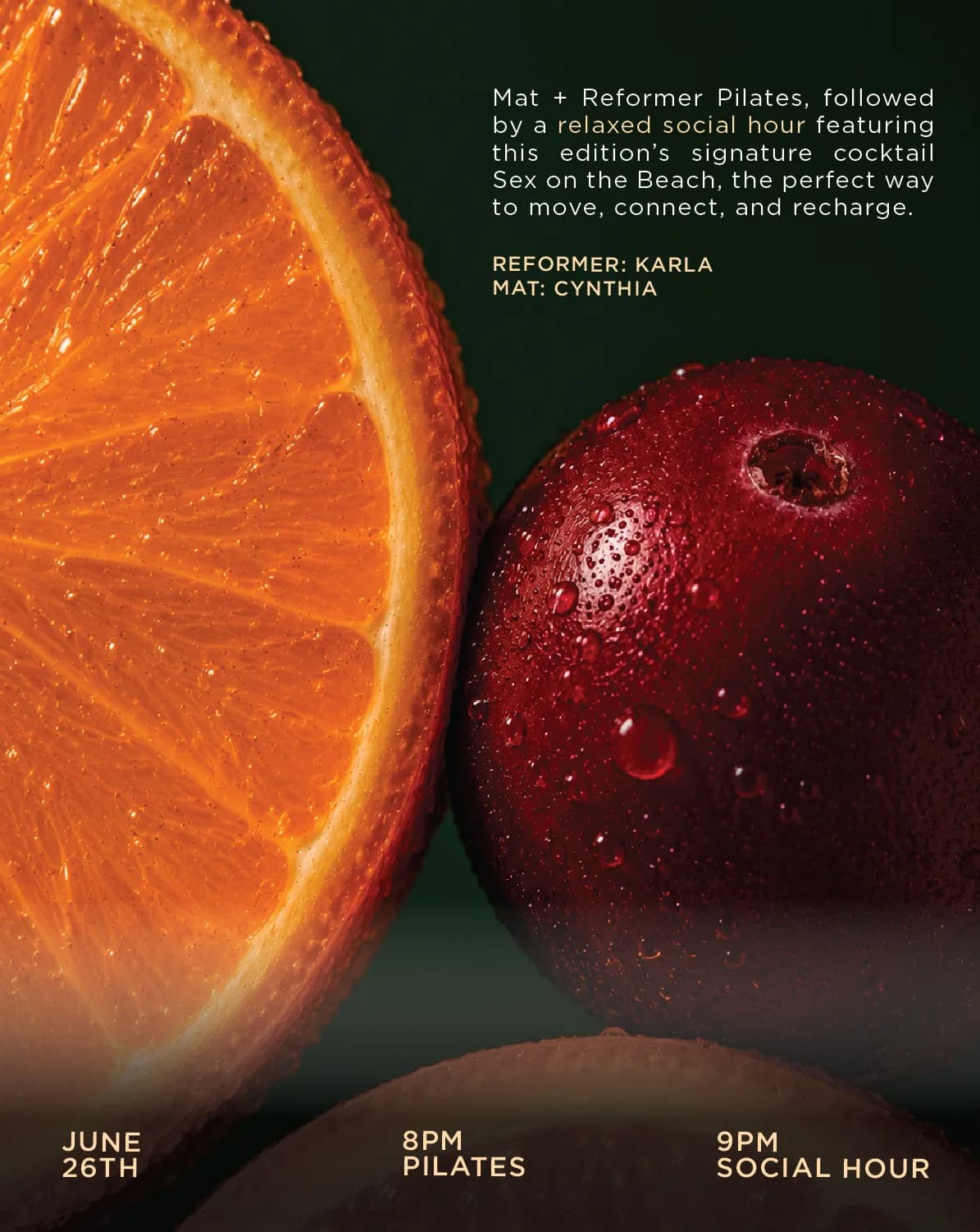 A Pure Motion event flyer for a June reformer-and-social-hour night over sliced citrus.