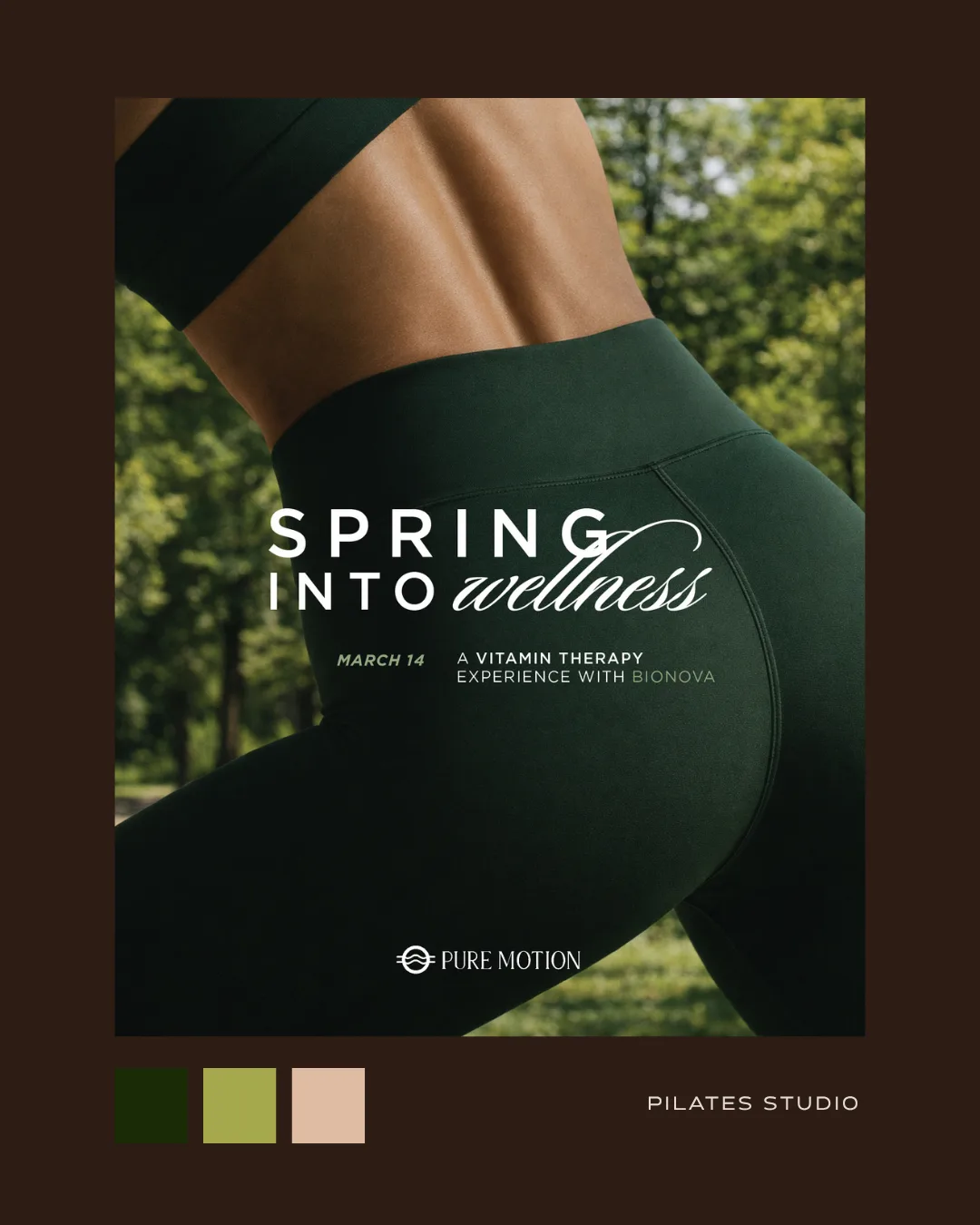 A Pure Motion 'Spring Into Wellness' event flyer over a figure in green leggings.