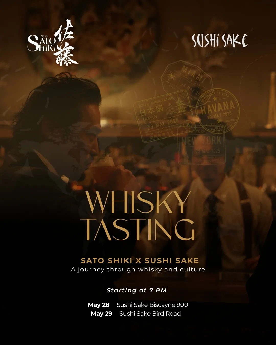 A Sushi Sake x Sato Shiki 'Whisky Tasting' flyer over a bartender at work, listing the event dates and locations.