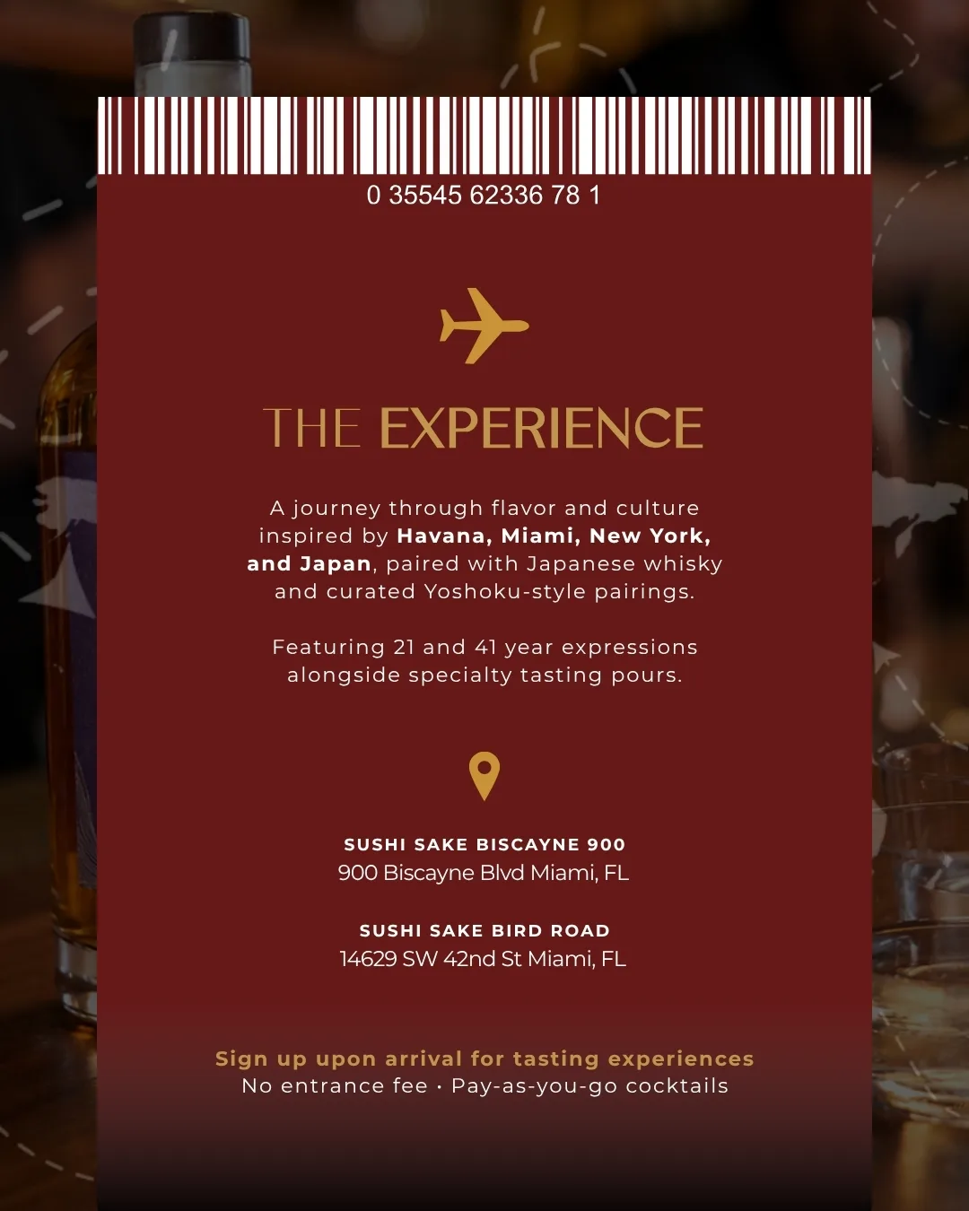 The reverse of a Sushi Sake 'The Experience' tasting card — a barcode header over event copy and the Biscayne and Bird Road locations.