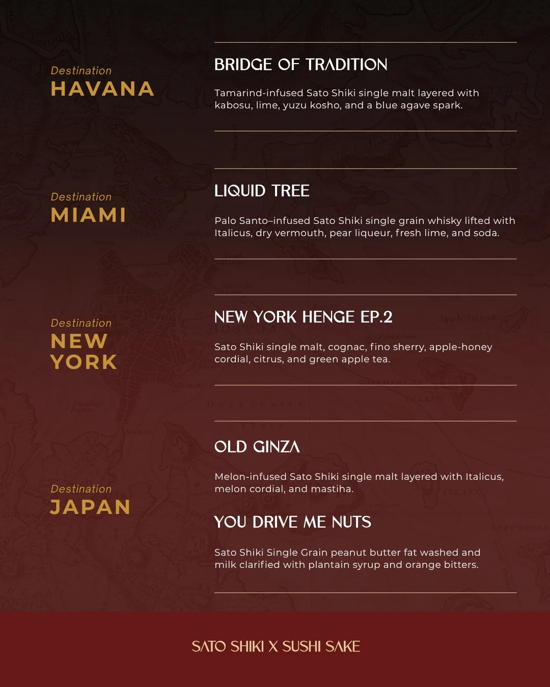 A Sushi Sake x Sato Shiki whisky cocktail menu — cocktails organized by destination: Havana, Miami, New York, and Japan.